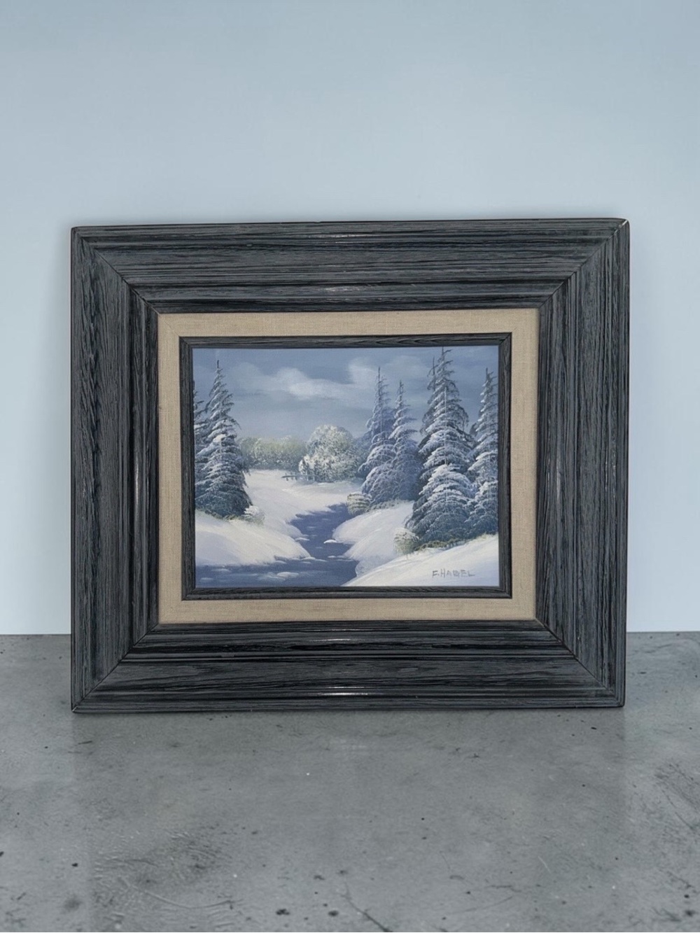 Vintage Snowy Forest Oil Painting F Hagel Framed Winter River Stream Wall Art